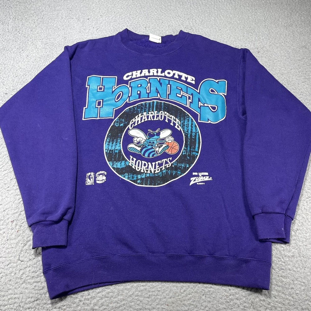 Vintage Charlotte Hornets Sweatshirt Mens Large Purple NBA Basketball Zubaz 90s